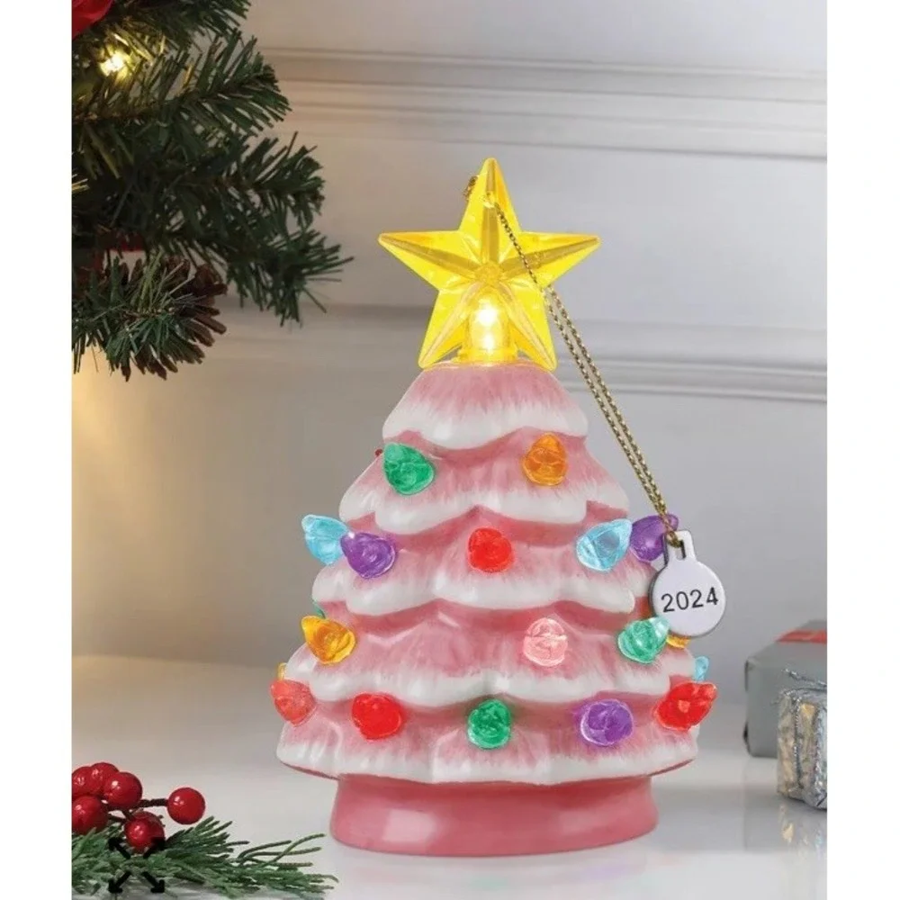 Mr Christmas Lit Nostalgic‎ Mini PINK Lit Ceramic Christmas Tree Ornament 2024